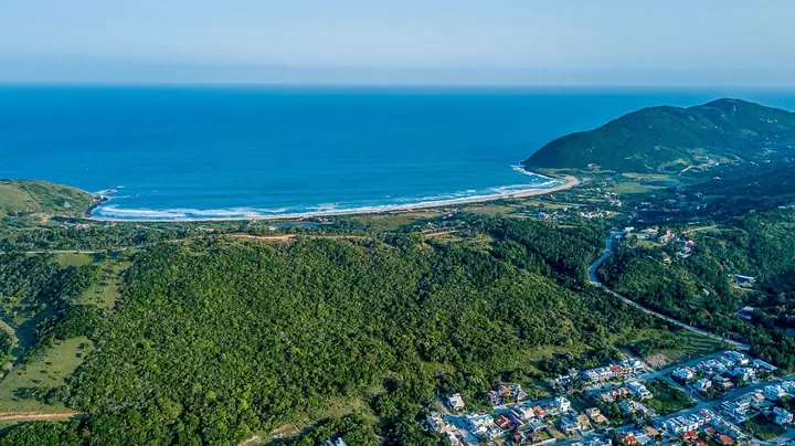 Vista aérea de praia em curva entre o morro e a mata, com bairro residencial em primeiro plano
